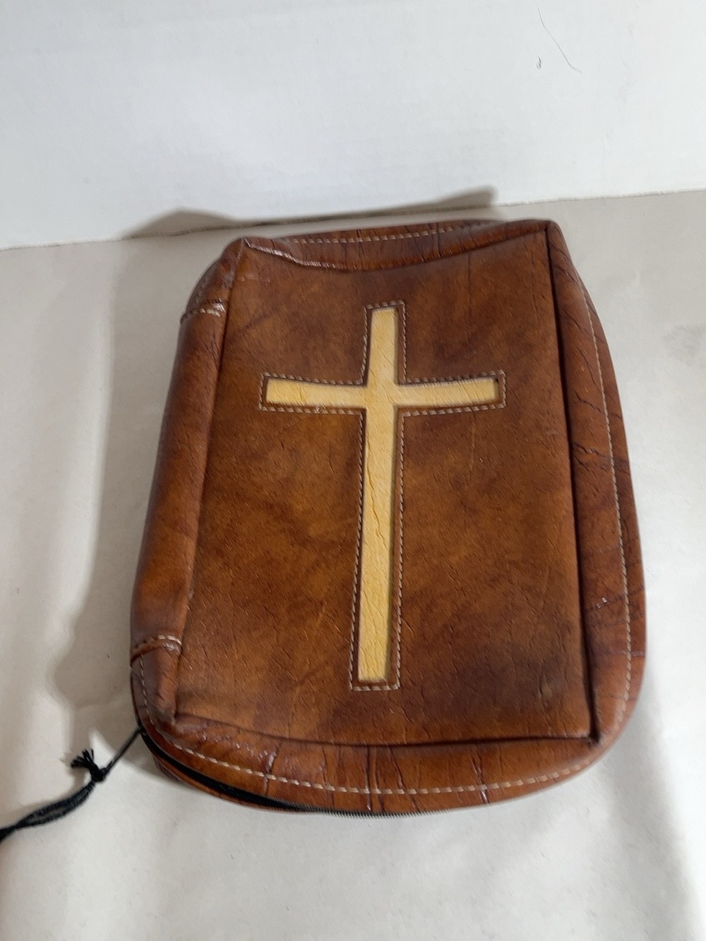 Brown Leather Bible Cover Case Zippered Cross Christian Book Holder 9x6